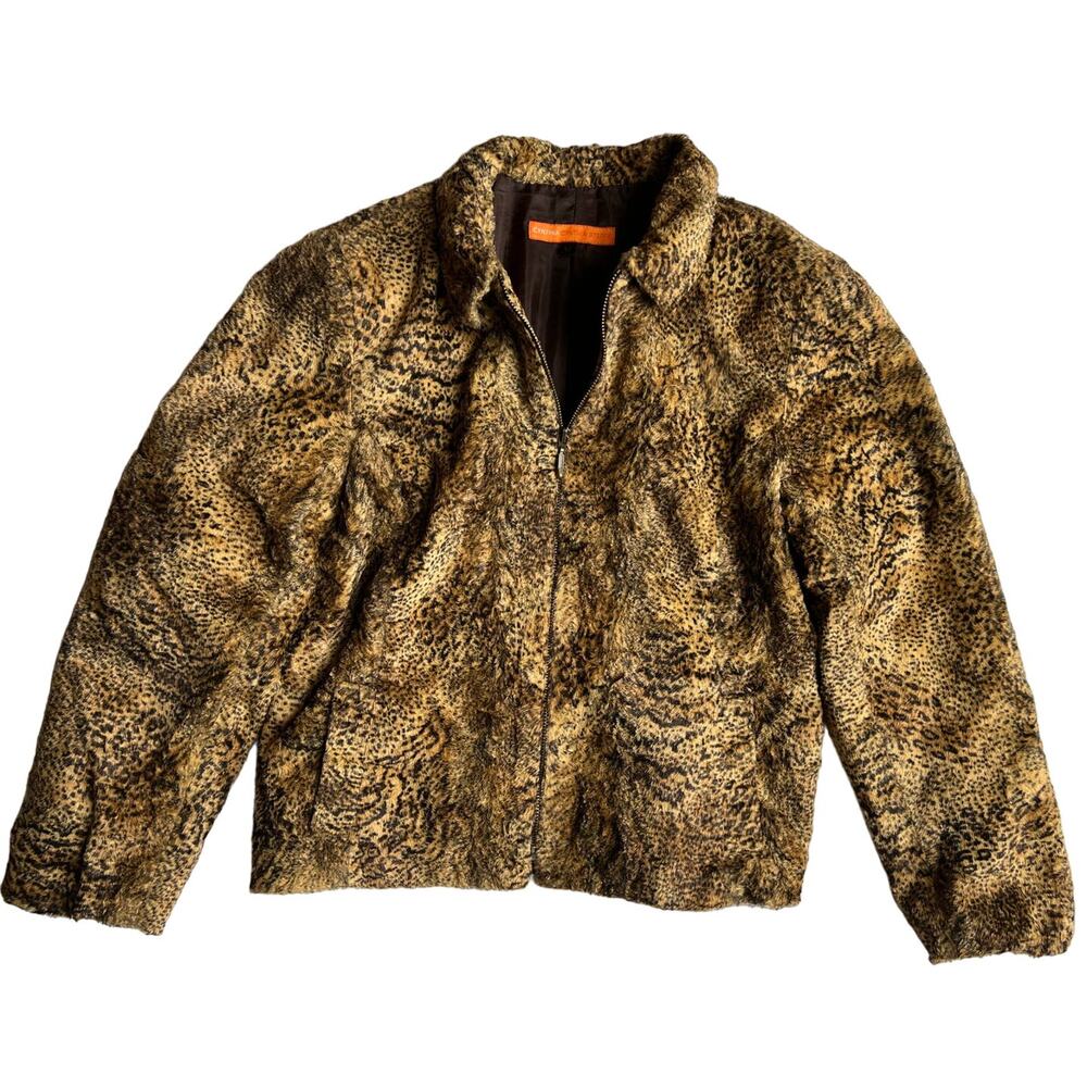 Cynthia Steffe Animal Print Lined Collared Zip Jacket Faux Fur USA